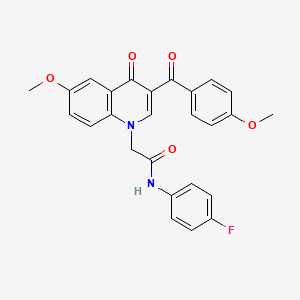 molecular formula C26H21FN2O5 B2454217 N-(4-fluorophenyl)-2-[6-methoxy-3-(4-methoxybenzoyl)-4-oxoquinolin-1-yl]acetamide CAS No. 866344-19-6
