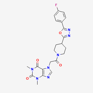molecular formula C22H22FN7O4 B2454224 7-(2-(4-(5-(4-fluorophenyl)-1,3,4-oxadiazol-2-yl)piperidin-1-yl)-2-oxoethyl)-1,3-dimethyl-1H-purine-2,6(3H,7H)-dione CAS No. 1209053-83-7