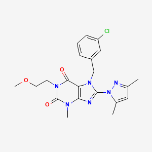 molecular formula C21H23ClN6O3 B2454257 7-(3-chlorobenzyl)-8-(3,5-dimethyl-1H-pyrazol-1-yl)-1-(2-methoxyethyl)-3-methyl-1H-purine-2,6(3H,7H)-dione CAS No. 1013969-28-2