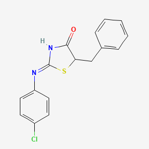 molecular formula C16H13ClN2OS B2454259 (E)-5-benzyl-2-((4-chlorophenyl)imino)thiazolidin-4-one CAS No. 132857-12-6
