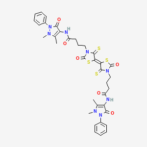 molecular formula C36H36N8O6S4 B2454286 N-(1,5-dimethyl-3-oxo-2-phenylpyrazol-4-yl)-4-[(5E)-5-[3-[4-[(1,5-dimethyl-3-oxo-2-phenylpyrazol-4-yl)amino]-4-oxobutyl]-2-oxo-4-sulfanylidene-1,3-thiazolidin-5-ylidene]-2-oxo-4-sulfanylidene-1,3-thiazolidin-3-yl]butanamide CAS No. 303055-74-5