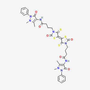 N-(1,5-dimethyl-3-oxo-2-phenyl-2,3-dihydro-1H-pyrazol-4-yl)-4-{5-[(5E)-3-{3-[(1,5-dimethyl-3-oxo-2-phenyl-2,3-dihydro-1H-pyrazol-4-yl)carbamoyl]propyl}-2-oxo-4-sulfanylidene-1,3-thiazolidin-5-ylidene]-2-oxo-4-sulfanylidene-1,3-thiazolidin-3-yl}butanamide