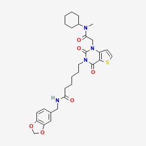 molecular formula C29H36N4O6S B2454329 N-(苯并[d][1,3]二氧杂环戊烯-5-基甲基)-6-(1-(2-(环己基(甲基)氨基)-2-氧代乙基)-2,4-二氧代-1,2-二氢噻吩并[3,2-d]嘧啶-3(4H)-基)己酰胺 CAS No. 866013-38-9