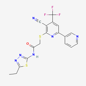 molecular formula C18H13F3N6OS2 B2454347 2-[3-cyano-6-pyridin-3-yl-4-(trifluoromethyl)pyridin-2-yl]sulfanyl-N-(5-ethyl-1,3,4-thiadiazol-2-yl)acetamide CAS No. 625378-23-6
