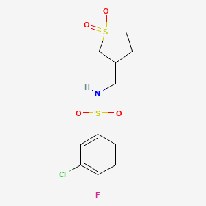 molecular formula C11H13ClFNO4S2 B2454358 3-氯-N-((1,1-二氧化四氢噻吩-3-基)甲基)-4-氟苯磺酰胺 CAS No. 1396875-09-4