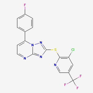 molecular formula C17H8ClF4N5S B2454386 2-((3-Chloro-5-(trifluoromethyl)-2-pyridinyl)sulfanyl)-7-(4-fluorophenyl)(1,2,4)triazolo[1,5-a]pyrimidine CAS No. 338775-07-8