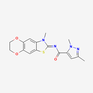molecular formula C16H16N4O3S B2454388 1,3-dimethyl-N-(3-methyl-6,7-dihydro-[1,4]dioxino[2',3':4,5]benzo[1,2-d]thiazol-2(3H)-ylidene)-1H-pyrazole-5-carboxamide CAS No. 1019095-84-1