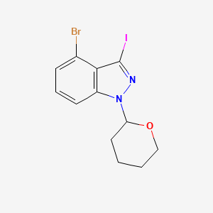 molecular formula C12H12BrIN2O B2454422 4-溴-3-碘-1-(氧杂环-2-基)吲哚 CAS No. 2375268-16-7