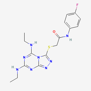 molecular formula C16H19FN8OS B2454456 2-[[5,7-bis(ethylamino)-[1,2,4]triazolo[4,3-a][1,3,5]triazin-3-yl]sulfanyl]-N-(4-fluorophenyl)acetamide CAS No. 898449-25-7
