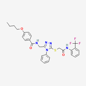 molecular formula C29H28F3N5O3S B2454483 4-butoxy-N-((5-((2-oxo-2-((2-(trifluoromethyl)phenyl)amino)ethyl)thio)-4-phenyl-4H-1,2,4-triazol-3-yl)methyl)benzamide CAS No. 389070-76-2