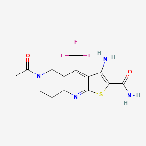 molecular formula C14H13F3N4O2S B2454490 6-乙酰基-3-氨基-4-(三氟甲基)-5,6,7,8-四氢噻吩并[2,3-b][1,6]萘啶-2-甲酰胺 CAS No. 727420-33-9