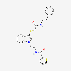 molecular formula C25H25N3O2S2 B2454516 N-(2-(3-((2-oxo-2-(phenethylamino)ethyl)thio)-1H-indol-1-yl)ethyl)thiophene-2-carboxamide CAS No. 851715-19-0