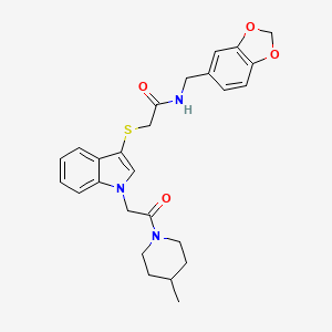 molecular formula C26H29N3O4S B2454655 N-(1,3-benzodioxol-5-ylmethyl)-2-({1-[2-(4-methylpiperidin-1-yl)-2-oxoethyl]-1H-indol-3-yl}thio)acetamide CAS No. 878057-20-6