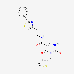 molecular formula C21H18N4O3S2 B2454699 2,4-dioxo-N-(2-(2-phenylthiazol-4-yl)ethyl)-3-(thiophen-2-ylmethyl)-1,2,3,4-tetrahydropyrimidine-5-carboxamide CAS No. 1421585-49-0