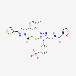 molecular formula C31H25F3N6O3S2 B2454764 N-[[5-[2-[3-(4-methylphenyl)-5-thiophen-2-yl-3,4-dihydropyrazol-2-yl]-2-oxoethyl]sulfanyl-4-[3-(trifluoromethyl)phenyl]-1,2,4-triazol-3-yl]methyl]furan-2-carboxamide CAS No. 362506-68-1