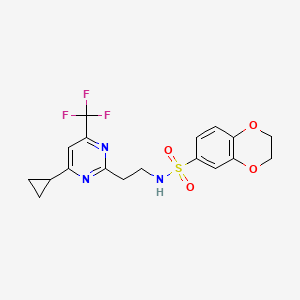 molecular formula C18H18F3N3O4S B2454830 N-(2-(4-cyclopropyl-6-(trifluoromethyl)pyrimidin-2-yl)ethyl)-2,3-dihydrobenzo[b][1,4]dioxine-6-sulfonamide CAS No. 1396637-09-4