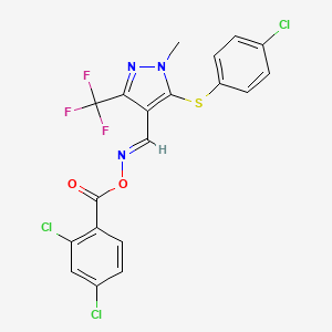 molecular formula C19H11Cl3F3N3O2S B2454831 (E)-({5-[(4-chlorophenyl)sulfanyl]-1-methyl-3-(trifluoromethyl)-1H-pyrazol-4-yl}methylidene)amino 2,4-dichlorobenzoate CAS No. 321553-43-9