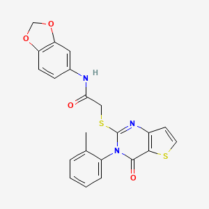 molecular formula C22H17N3O4S2 B2454859 N-(1,3-苯并二氧杂环-5-基)-2-{[3-(2-甲苯基)-4-氧代-3,4-二氢噻吩并[3,2-d]嘧啶-2-基]硫代}乙酰胺 CAS No. 1291860-06-4