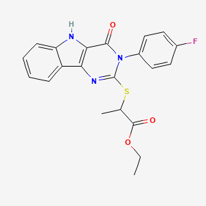 molecular formula C21H18FN3O3S B2454891 ethyl 2-((3-(4-fluorophenyl)-4-oxo-4,5-dihydro-3H-pyrimido[5,4-b]indol-2-yl)thio)propanoate CAS No. 536712-08-0