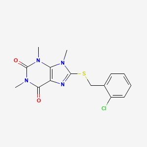 molecular formula C15H15ClN4O2S B2454996 8-[(2-Chlorophenyl)methylsulfanyl]-1,3,9-trimethylpurine-2,6-dione CAS No. 897454-30-7