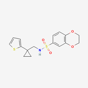 molecular formula C16H17NO4S2 B2455016 N-((1-(thiophen-2-yl)cyclopropyl)methyl)-2,3-dihydrobenzo[b][1,4]dioxine-6-sulfonamide CAS No. 1207007-28-0