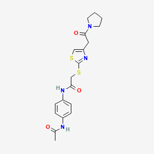 molecular formula C19H22N4O3S2 B2455039 N-(4-acetamidophenyl)-2-((4-(2-oxo-2-(pyrrolidin-1-yl)ethyl)thiazol-2-yl)thio)acetamide CAS No. 941997-17-7