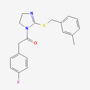 molecular formula C19H19FN2OS B2455129 2-(4-Fluorophenyl)-1-[2-[(3-methylphenyl)methylsulfanyl]-4,5-dihydroimidazol-1-yl]ethanone CAS No. 851803-67-3