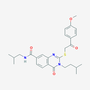 molecular formula C27H33N3O4S B2455149 N-isobutyl-2-{[2-(4-methoxyphenyl)-2-oxoethyl]thio}-3-(3-methylbutyl)-4-oxo-3,4-dihydroquinazoline-7-carboxamide CAS No. 1113133-75-7