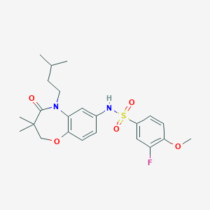 molecular formula C23H29FN2O5S B2455166 3-fluoro-N-(5-isopentyl-3,3-dimethyl-4-oxo-2,3,4,5-tetrahydrobenzo[b][1,4]oxazepin-7-yl)-4-methoxybenzenesulfonamide CAS No. 922134-10-9