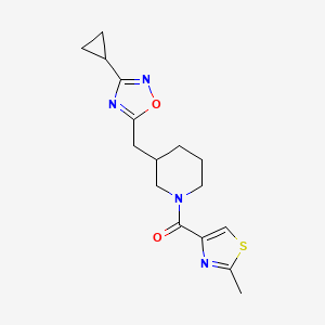 molecular formula C16H20N4O2S B2455240 (3-((3-环丙基-1,2,4-恶二唑-5-基)甲基)哌啶-1-基)(2-甲基噻唑-4-基)甲酮 CAS No. 1705741-82-7
