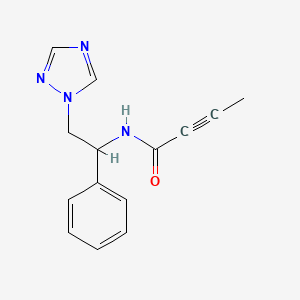 molecular formula C14H14N4O B2455262 N-[1-Phenyl-2-(1,2,4-triazol-1-yl)ethyl]but-2-ynamide CAS No. 2411266-21-0