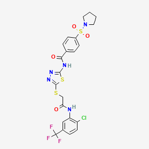 molecular formula C22H19ClF3N5O4S3 B2455265 N-[5-[2-[2-chloro-5-(trifluoromethyl)anilino]-2-oxoethyl]sulfanyl-1,3,4-thiadiazol-2-yl]-4-pyrrolidin-1-ylsulfonylbenzamide CAS No. 392299-34-2