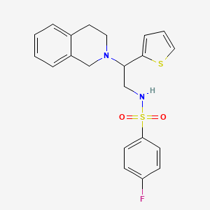 molecular formula C21H21FN2O2S2 B2455320 N-(2-(3,4-dihydroisoquinolin-2(1H)-yl)-2-(thiophen-2-yl)ethyl)-4-fluorobenzenesulfonamide CAS No. 898424-57-2