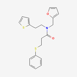 N-(furan-2-ylmethyl)-3-(phenylthio)-N-(2-(thiophen-2-yl)ethyl)propanamide