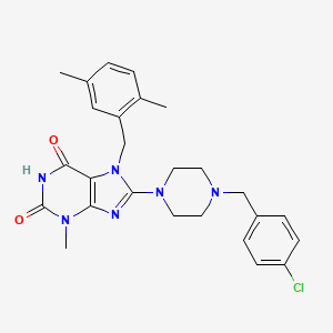 molecular formula C26H29ClN6O2 B2455417 8-(4-(4-chlorobenzyl)piperazin-1-yl)-7-(2,5-dimethylbenzyl)-3-methyl-1H-purine-2,6(3H,7H)-dione CAS No. 898437-96-2