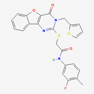 molecular formula C24H18FN3O3S2 B2455496 N-(3-氟-4-甲基苯基)-2-{[4-氧代-3-(噻吩-2-基甲基)-3,4-二氢[1]苯并呋喃[3,2-d]嘧啶-2-基]硫基}乙酰胺 CAS No. 899754-66-6