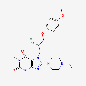 molecular formula C23H32N6O5 B2455590 8-(4-ethylpiperazin-1-yl)-7-(2-hydroxy-3-(4-methoxyphenoxy)propyl)-1,3-dimethyl-1H-purine-2,6(3H,7H)-dione CAS No. 941965-55-5