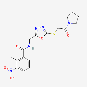 molecular formula C17H19N5O5S B2455599 2-methyl-3-nitro-N-((5-((2-oxo-2-(pyrrolidin-1-yl)ethyl)thio)-1,3,4-oxadiazol-2-yl)methyl)benzamide CAS No. 903271-05-6