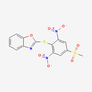 molecular formula C14H9N3O7S2 B2455696 2-((4-(Methylsulfonyl)-2,6-dinitrophenyl)thio)benzo[d]oxazole CAS No. 321971-30-6