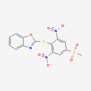 molecular formula C14H9N3O7S2 B2455696 2-((4-(Methylsulfonyl)-2,6-dinitrophenyl)thio)benzo[d]oxazol CAS No. 321971-30-6