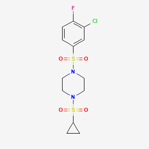 molecular formula C13H16ClFN2O4S2 B2455801 1-((3-Chloro-4-fluorophenyl)sulfonyl)-4-(cyclopropylsulfonyl)piperazine CAS No. 1219912-86-3