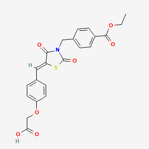 molecular formula C22H19NO7S B2455839 (Z)-2-(4-((3-(4-(ethoxycarbonyl)benzyl)-2,4-dioxothiazolidin-5-ylidene)methyl)phenoxy)acetic acid CAS No. 881945-02-4