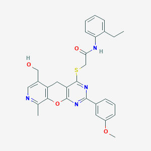 molecular formula C29H28N4O4S B2455888 N-(2-ethylphenyl)-2-((6-(hydroxymethyl)-2-(3-methoxyphenyl)-9-methyl-5H-pyrido[4',3':5,6]pyrano[2,3-d]pyrimidin-4-yl)thio)acetamide CAS No. 892381-44-1