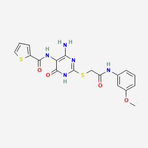molecular formula C18H17N5O4S2 B2455896 N-(4-amino-2-((2-((3-methoxyphenyl)amino)-2-oxoethyl)thio)-6-oxo-1,6-dihydropyrimidin-5-yl)thiophene-2-carboxamide CAS No. 868225-59-6