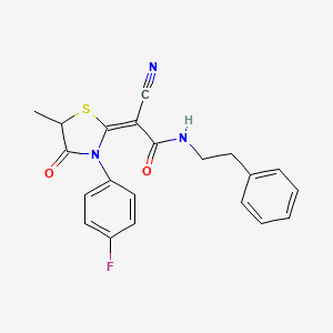 molecular formula C21H18FN3O2S B2455913 (E)-2-cyano-2-(3-(4-fluorophenyl)-5-methyl-4-oxothiazolidin-2-ylidene)-N-phenethylacetamide CAS No. 877806-15-0