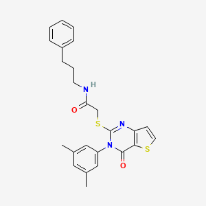 molecular formula C25H25N3O2S2 B2456052 2-{[3-(3,5-dimethylphenyl)-4-oxo-3,4-dihydrothieno[3,2-d]pyrimidin-2-yl]sulfanyl}-N-(3-phenylpropyl)acetamide CAS No. 1261001-79-9
