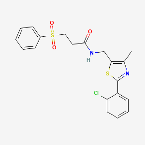 molecular formula C20H19ClN2O3S2 B2456068 N-((2-(2-chlorophenyl)-4-methylthiazol-5-yl)methyl)-3-(phenylsulfonyl)propanamide CAS No. 1448133-36-5