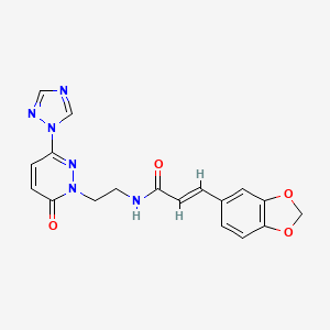 molecular formula C18H16N6O4 B2456084 (E)-3-(benzo[d][1,3]dioxol-5-yl)-N-(2-(6-oxo-3-(1H-1,2,4-triazol-1-yl)pyridazin-1(6H)-yl)ethyl)acrylamide CAS No. 1798407-12-1