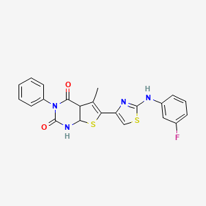 molecular formula C22H15FN4O2S2 B2456088 6-{2-[(3-fluorophenyl)amino]-1,3-thiazol-4-yl}-5-methyl-3-phenyl-1H,2H,3H,4H-thieno[2,3-d]pyrimidine-2,4-dione CAS No. 1611467-80-1