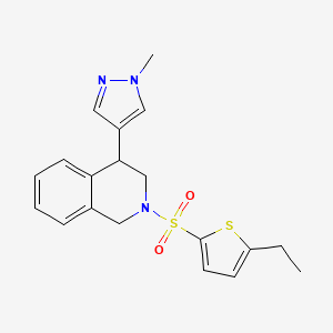 molecular formula C19H21N3O2S2 B2456111 2-((5-ethylthiophen-2-yl)sulfonyl)-4-(1-methyl-1H-pyrazol-4-yl)-1,2,3,4-tetrahydroisoquinoline CAS No. 2034338-63-9